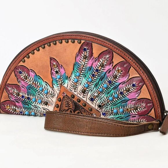 American Darling Tooled Leather Feather Headdress Wristlet Hand Painted Studded - Picture 2 of 6